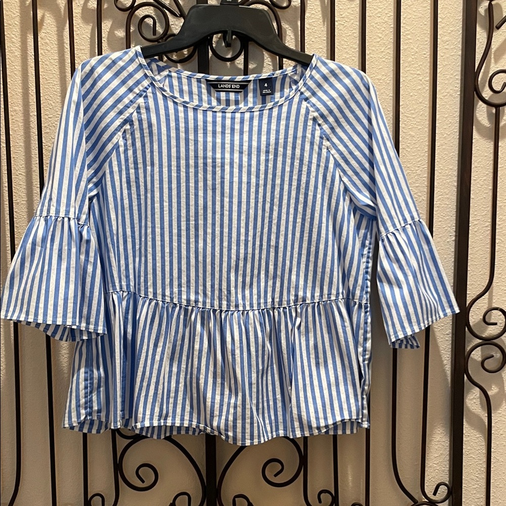 Lands End Blue and White Striped Blouse